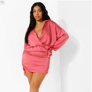 Plus Wrap Satin Ruched Side Mini Dress